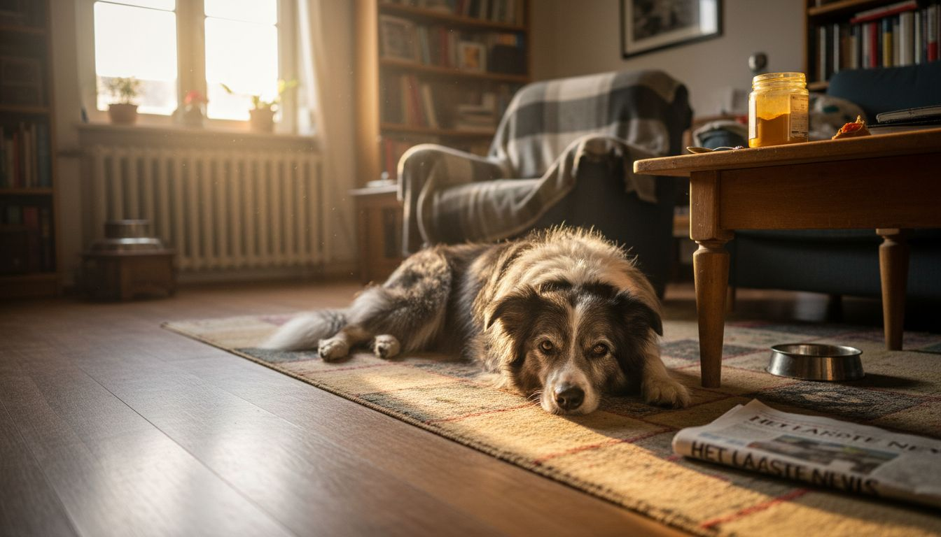 Een oude hond ligt rustig op het vloerkleed, vlak naast een potje met verse kruiden.