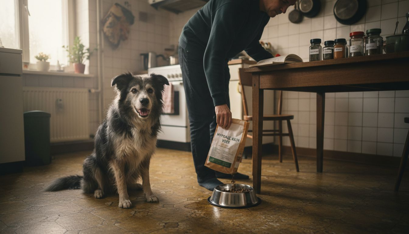 Onze border collie krijgt speciaal hypoallergeen voer, zodat hij geen last heeft van allergieën.