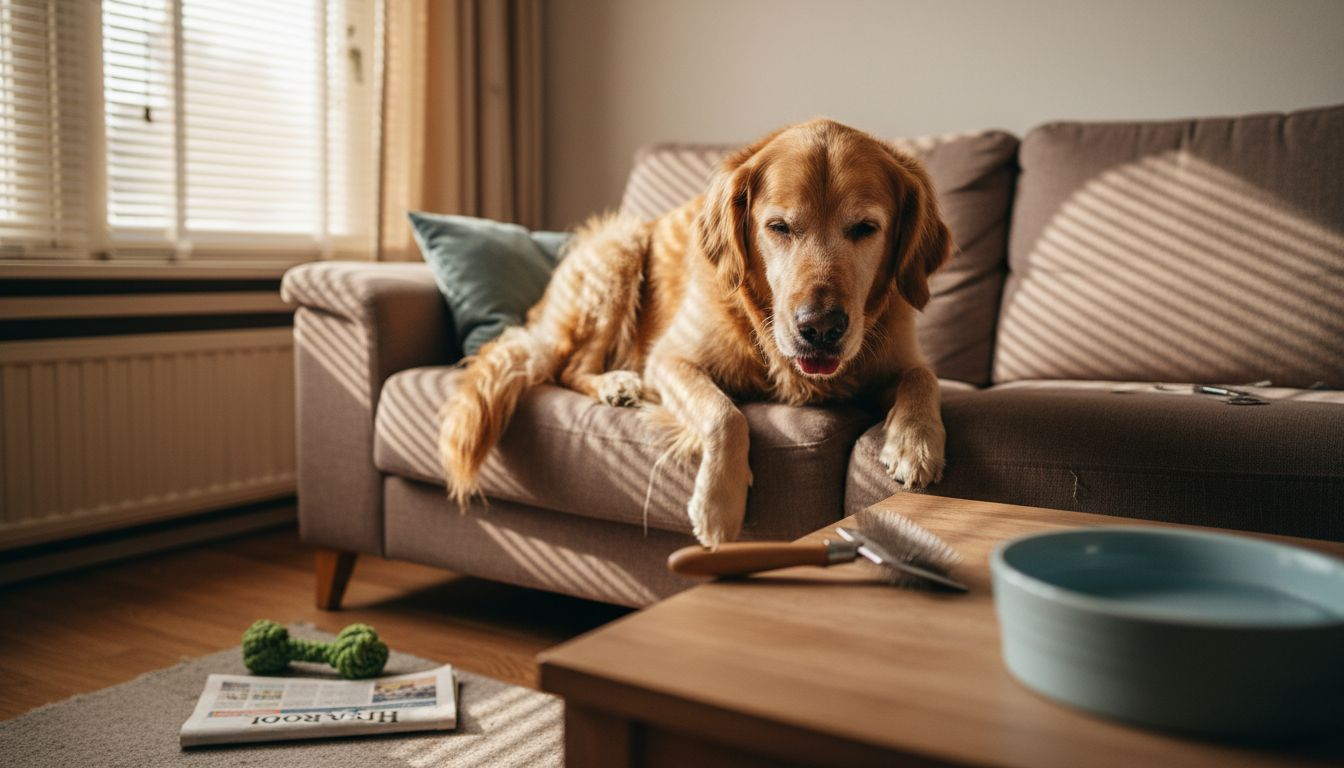 Hond met dikke poot likt eraan terwijl hij op de bank ligt