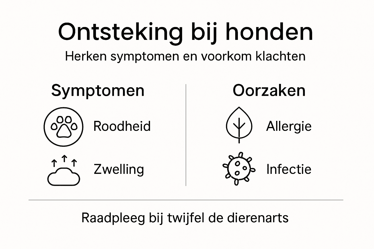 Strakke infographic met overzicht van symptomen en oorzaken van ontstekingen bij honden