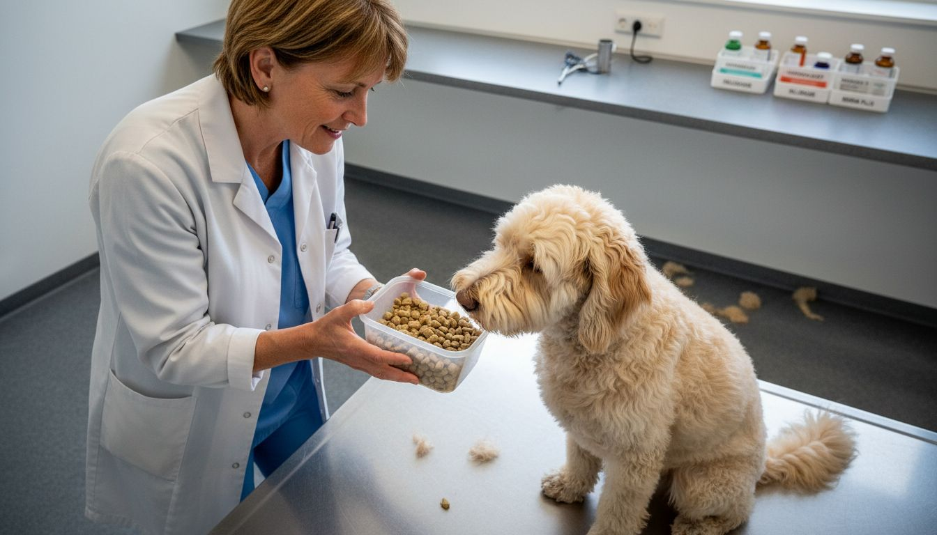 Een dierenarts laat een hond kennismaken met speciaal hypoallergeen voer.