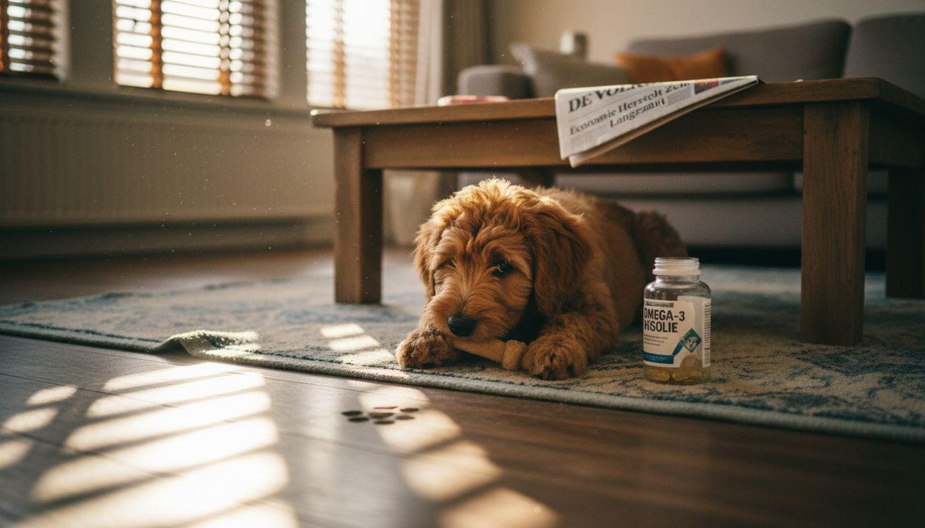 Een schattige Labradoodle-pup naast een potje omega-3 capsules