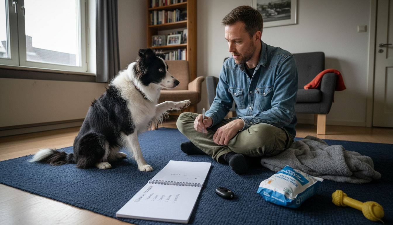 Een man bestudeert zijn hond en schrijft zijn bevindingen op.