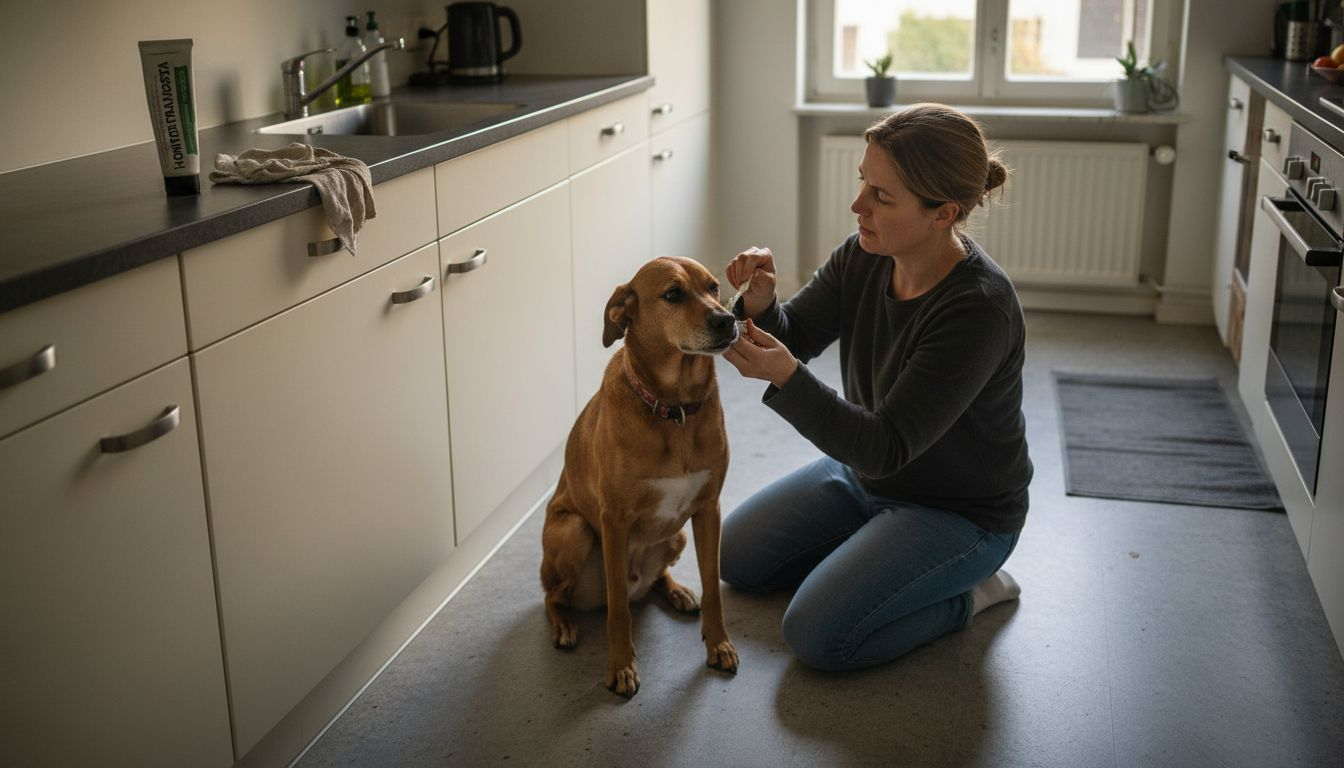 Op de keukenvloer zit een vrouw rustig de tanden van haar hond te poetsen.