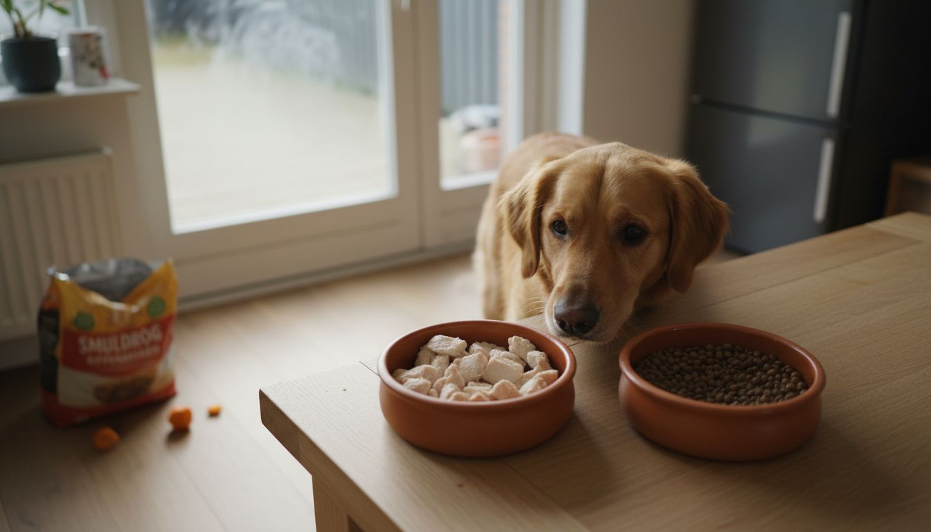 De hond snuffelt nieuwsgierig rond bij zowel dierenvoer als plantaardig eten.