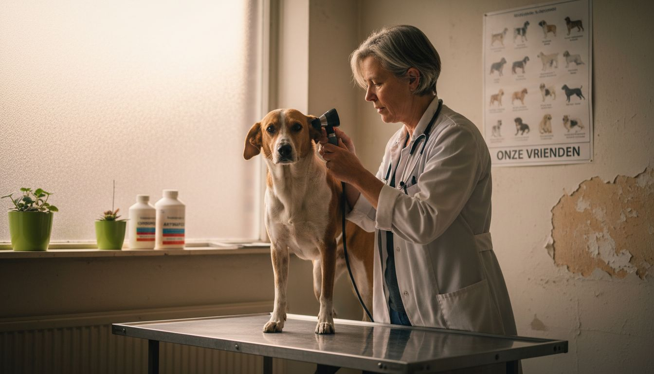 De dierenarts bekijkt de hond in de behandelkamer.