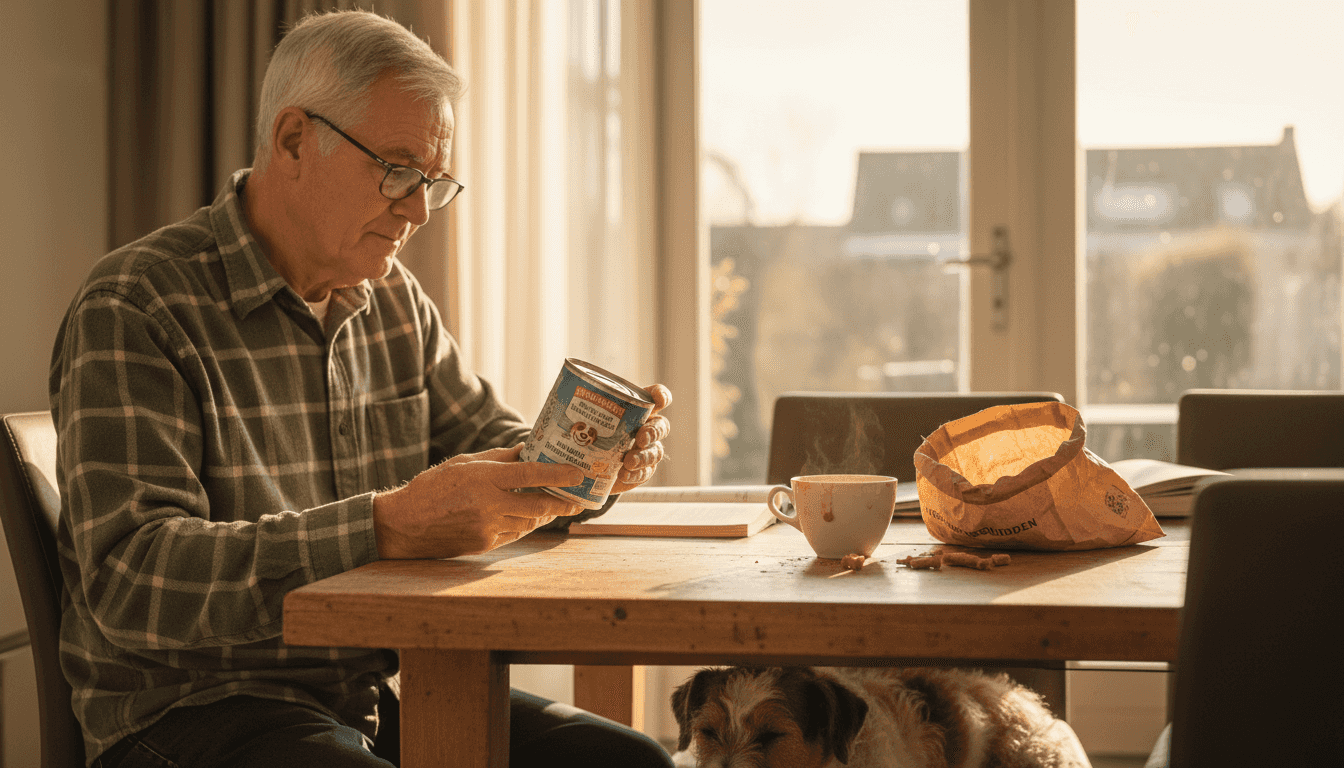 Man bestudeert hondenvoeretiket aan de keukentafel