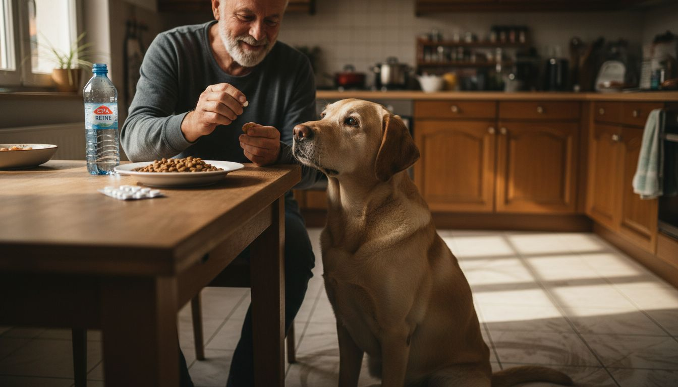 Aan de keukentafel krijgt de labrador zijn dagelijkse supplementje