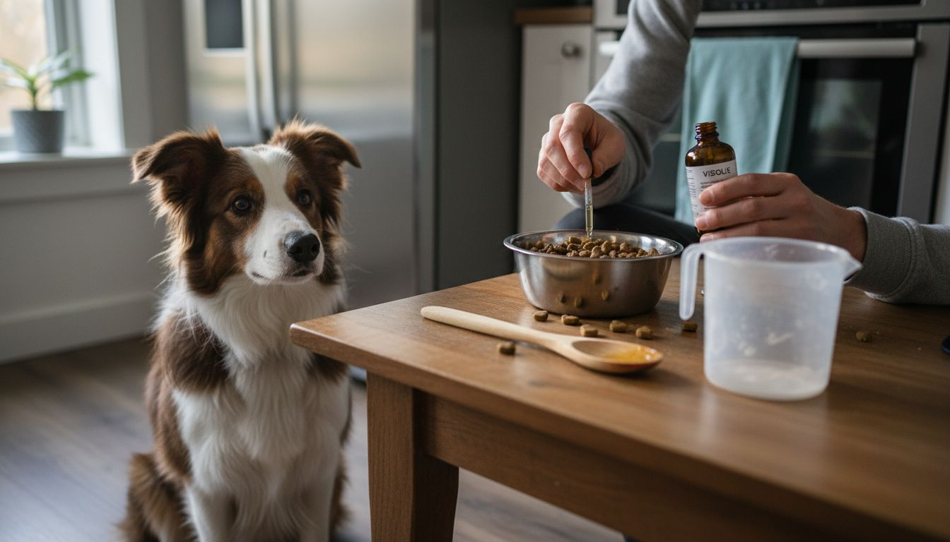 Een hond staat naast een tafel waarop zijn voer en supplementen klaarstaan.