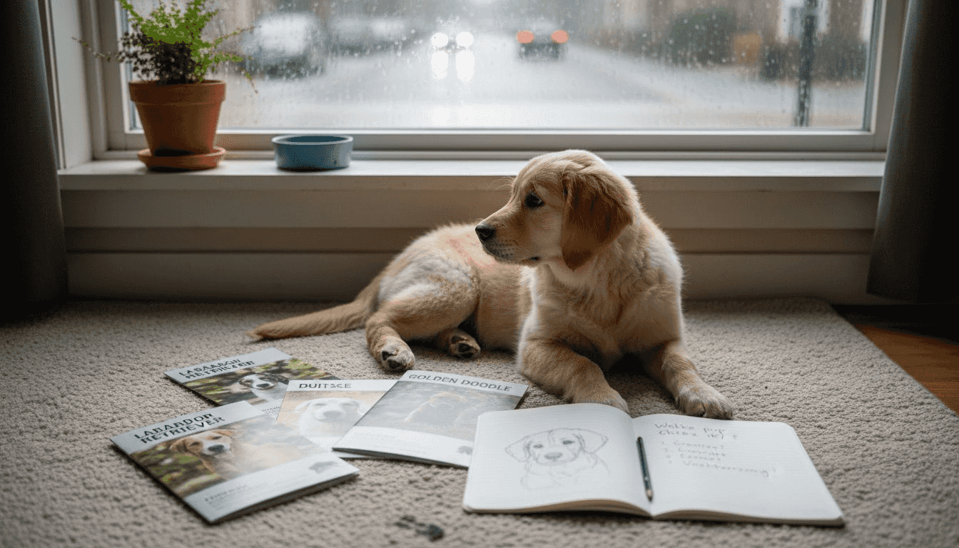 Een hond temidden van rassenbrochures en een notitieboekje