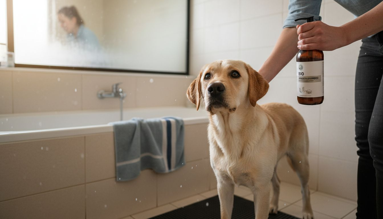Onze labrador krijgt een heerlijke wasbeurt met een milde, natuurlijke shampoo.