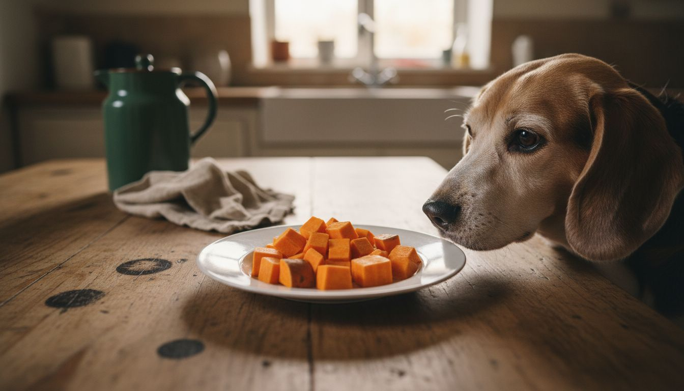 Een nieuwsgierige beagle snuffelt aan stukjes zoete aardappel.