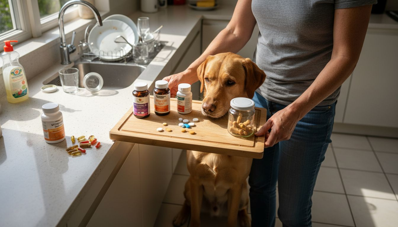 Een hondenbezitter laat zien welke tabletten hij gebruikt om de gewrichten van zijn hond te ondersteunen.