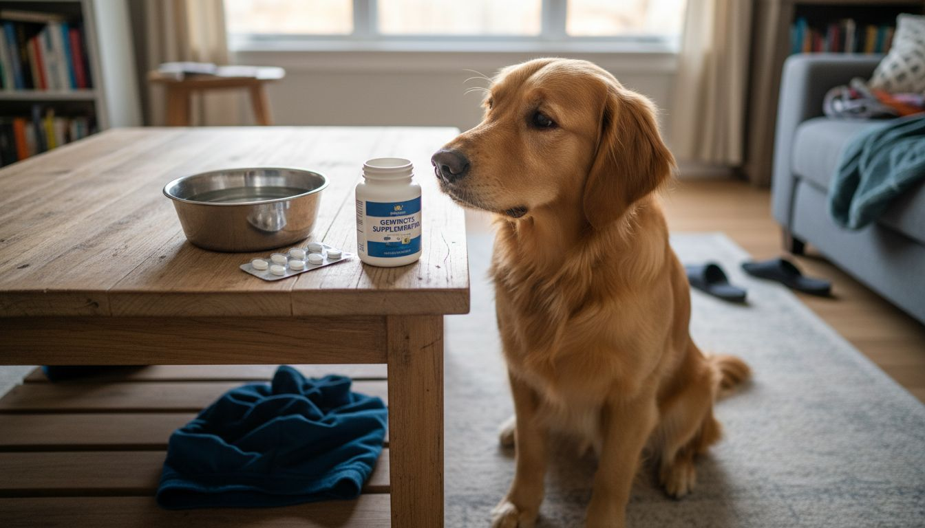 Nieuwsgierige hond snuffelt aan potjes supplementen op de salontafel