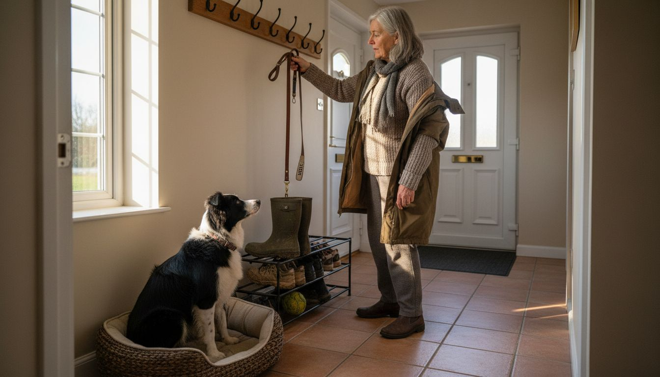 Terwijl de vrouw de riem aan de kapstok hangt, kijkt de hond geduldig toe.