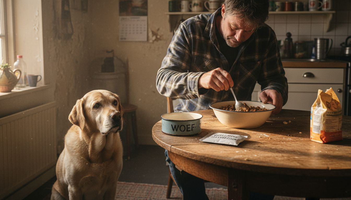 Baasje maakt een voedingssupplement klaar voor zijn oudere hond