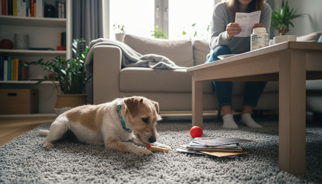 De terriër ligt in de woonkamer rustig op een vitamine te kauwen.