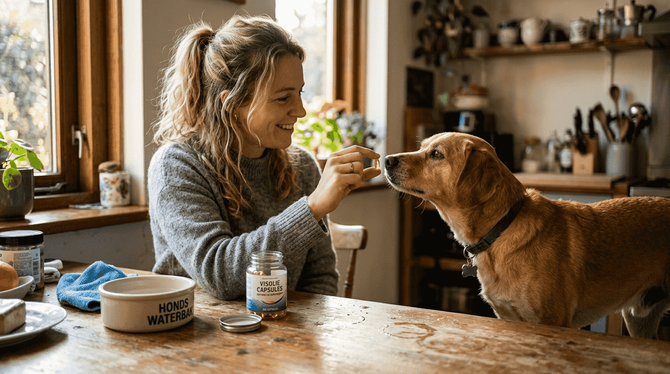 Aan de keukentafel krijgt de hond zijn dagelijkse visoliecapsule toegediend.