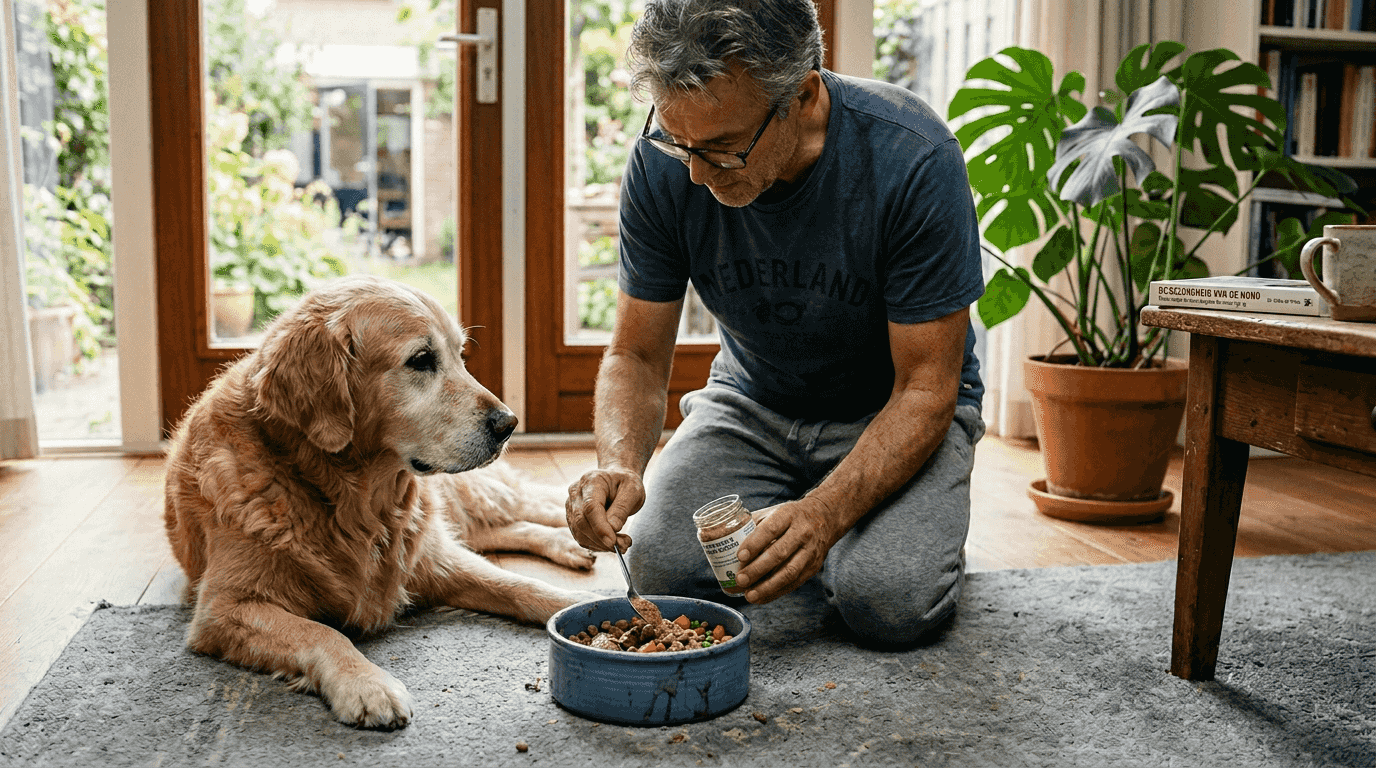 De eigenaar maakt een kruidenmengsel klaar als supplement voor zijn hond.