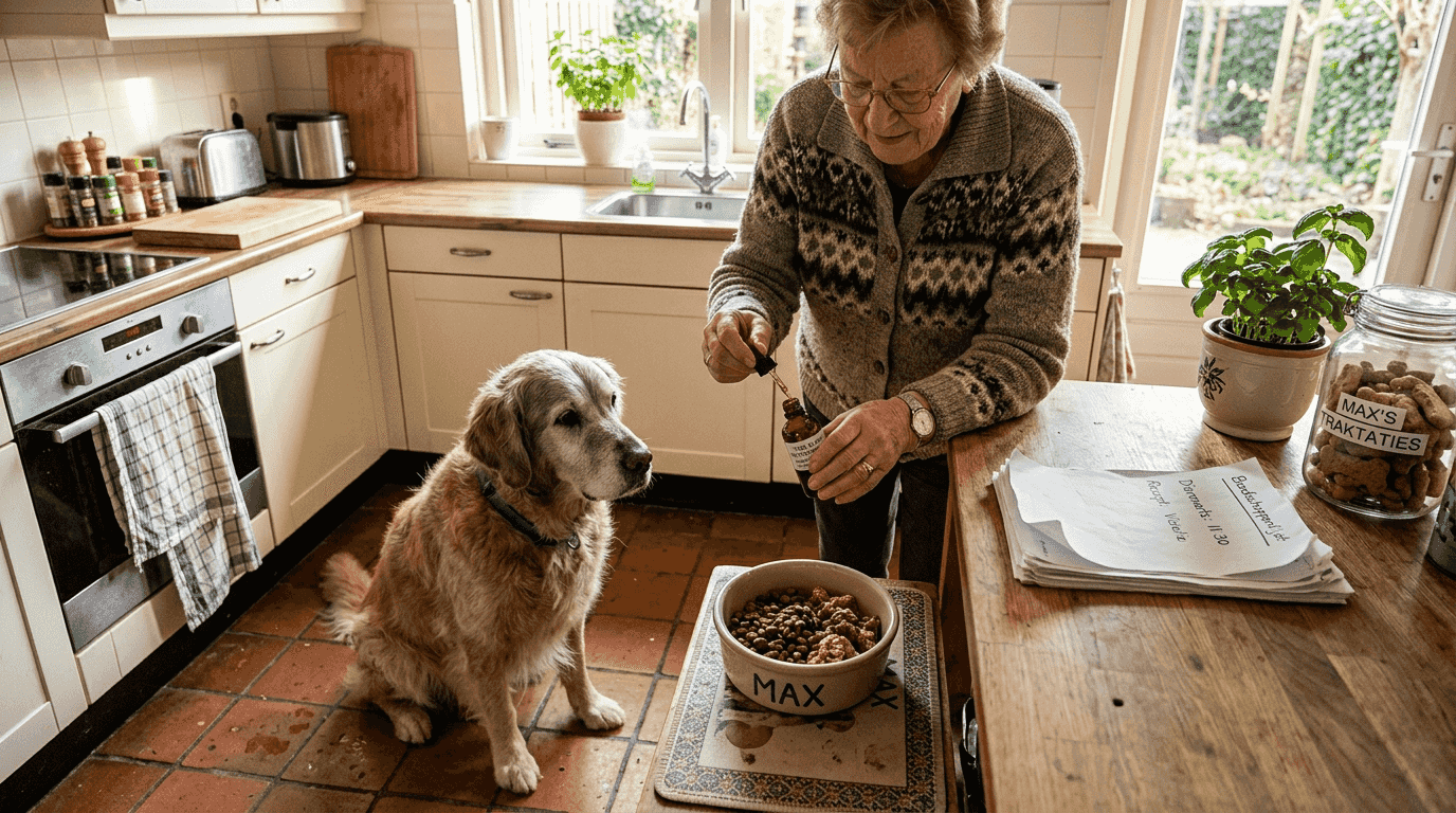 In de zonnige keuken krijgt de hond zijn dagelijkse portie visolie