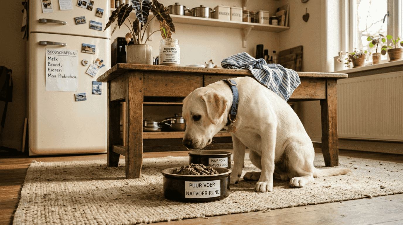 Labrador snuffelt nieuwsgierig rond in de keuken, op zoek naar brokjes met probiotica.