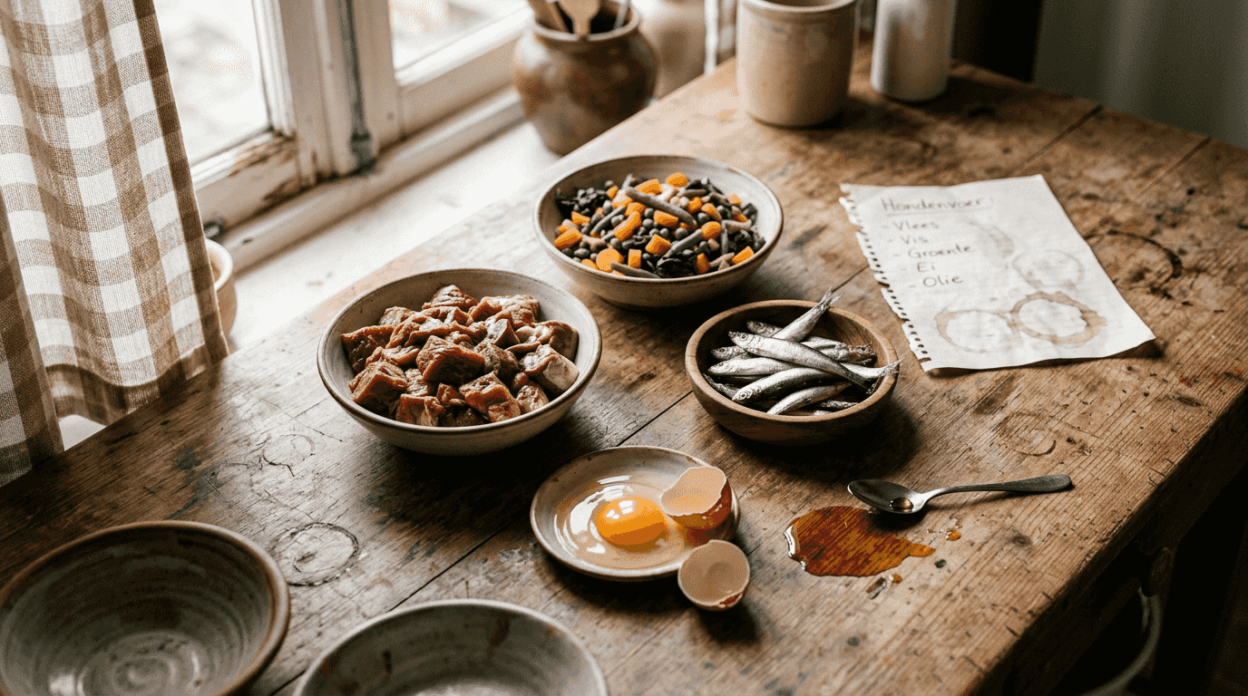Op de tafel liggen diverse verse ingrediënten voor natuurlijke hondenvoeding uitgestald.