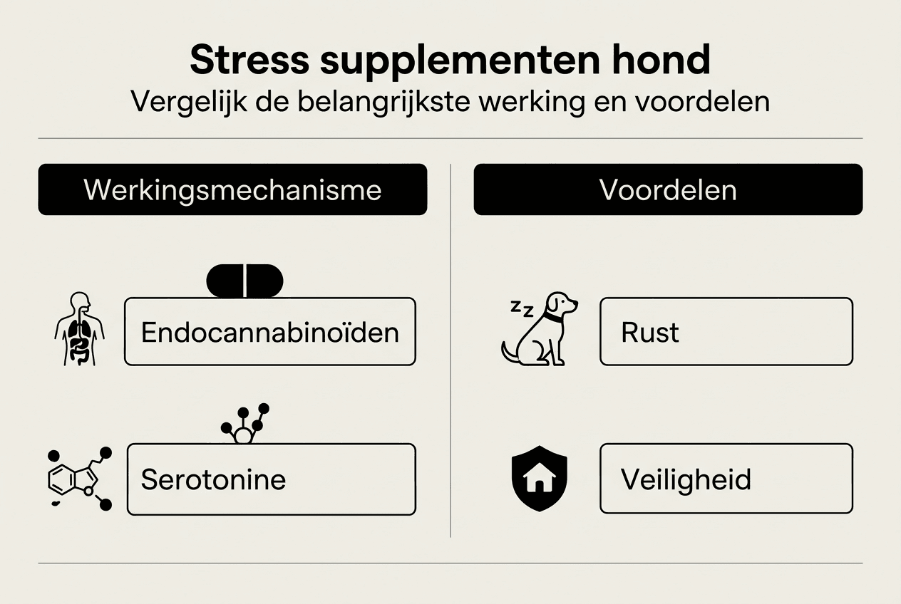 Infographic: hoe supplementen stress bij honden verminderen – werking en voordelen op een rij
