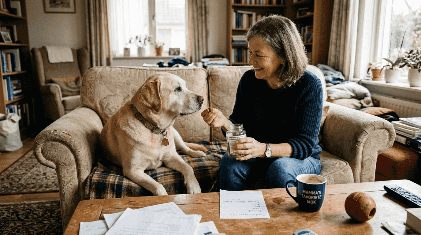 De baas geeft zijn hond thuis een voedingssupplement.