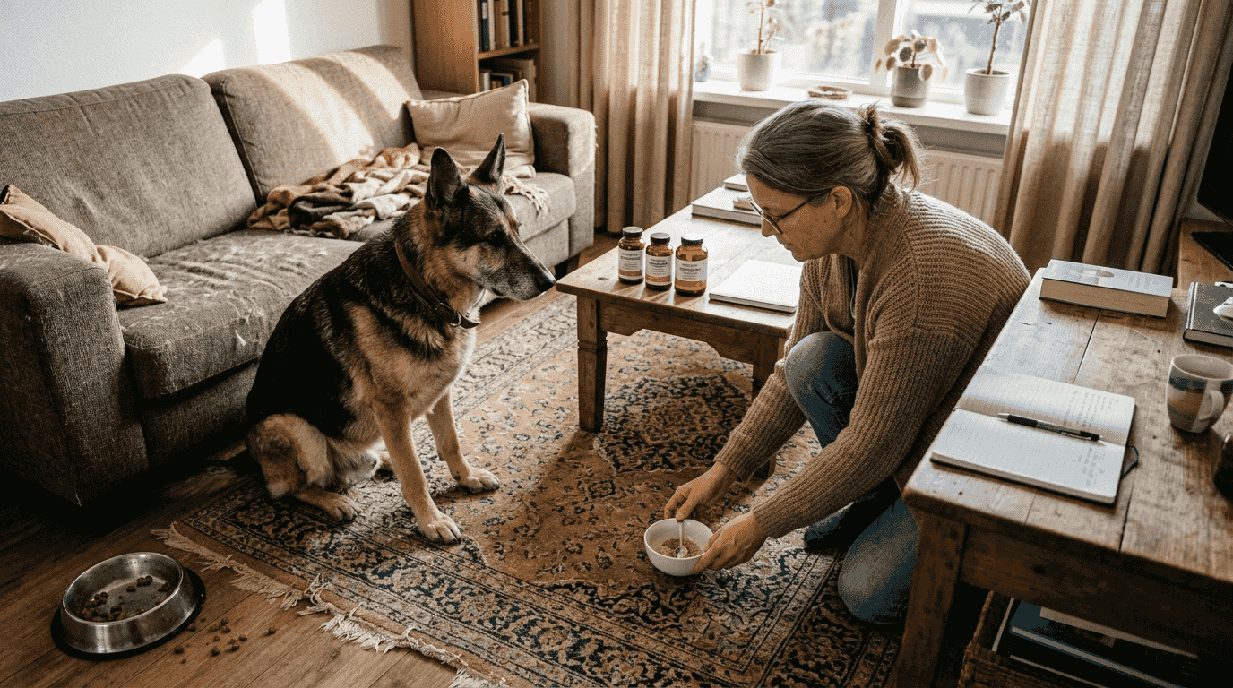 Vrouw met haar herdershond en voedingssupplementen