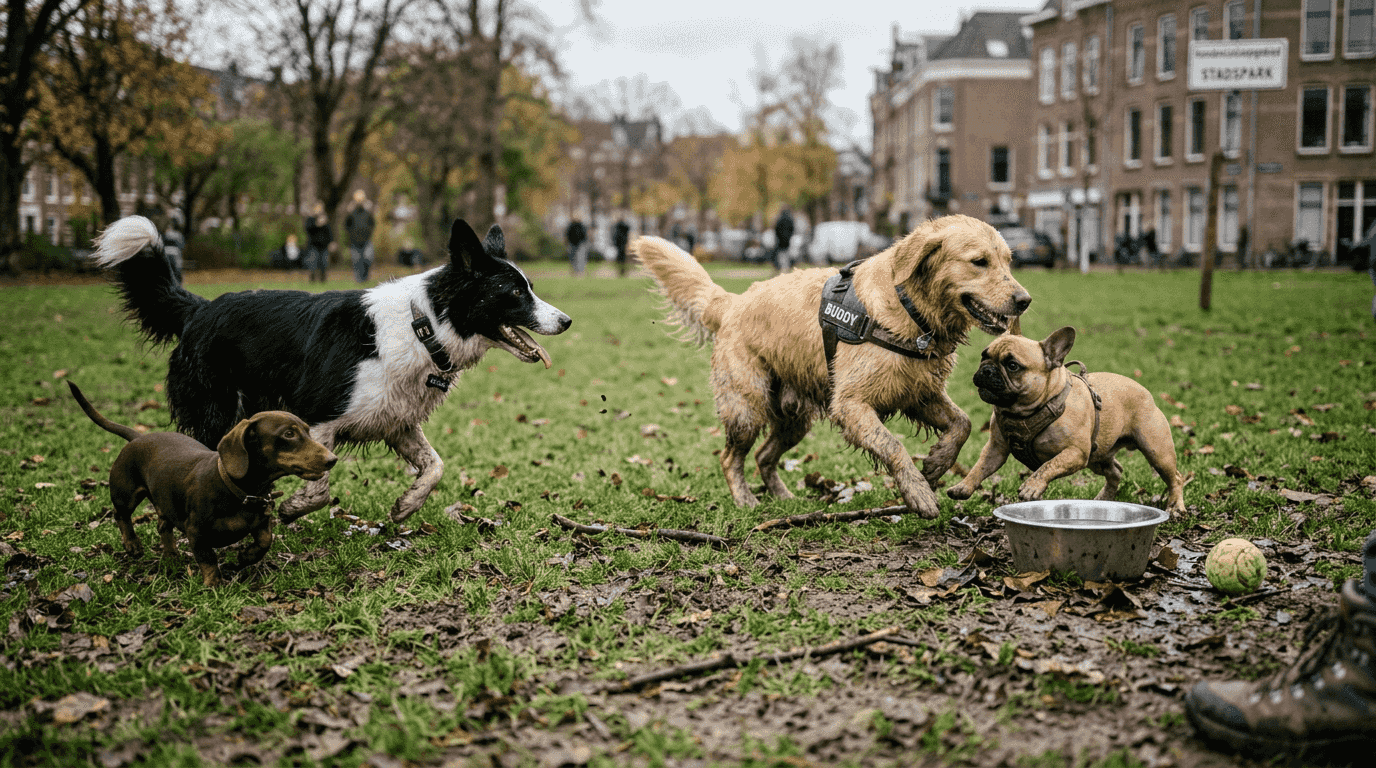 Op een grasveld spelen allerlei verschillende hondenrassen gezellig samen.