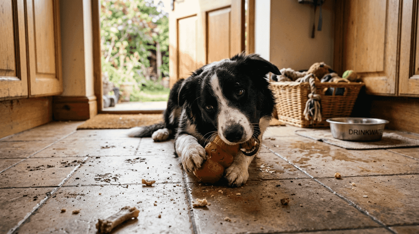 De hond ligt in de keuken lekker te knagen op een natuurlijk kauwspeeltje.