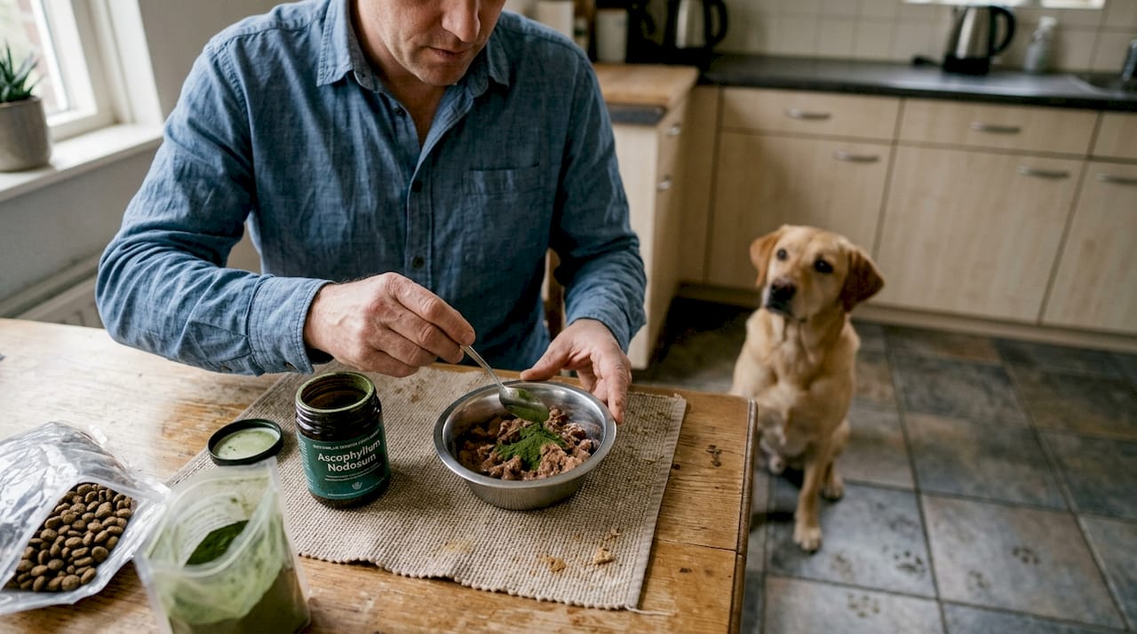 Man doet voedingssupplement door het voer van zijn hond