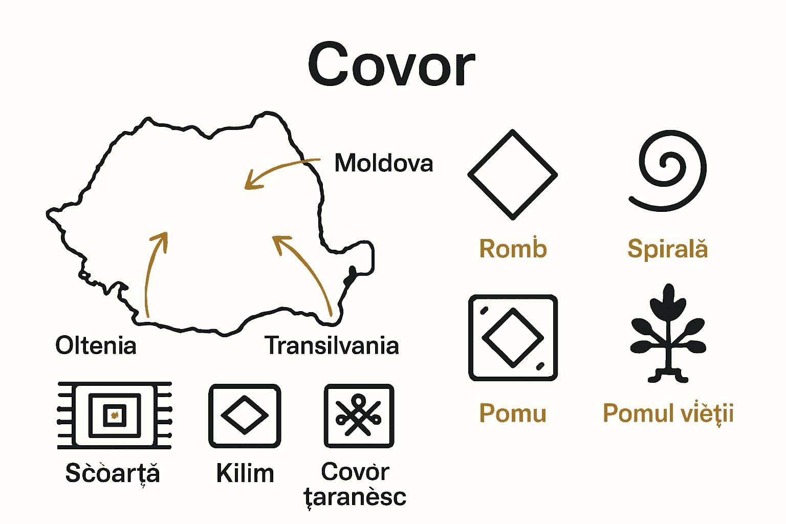 Harta României cu simboluri covoare și motive