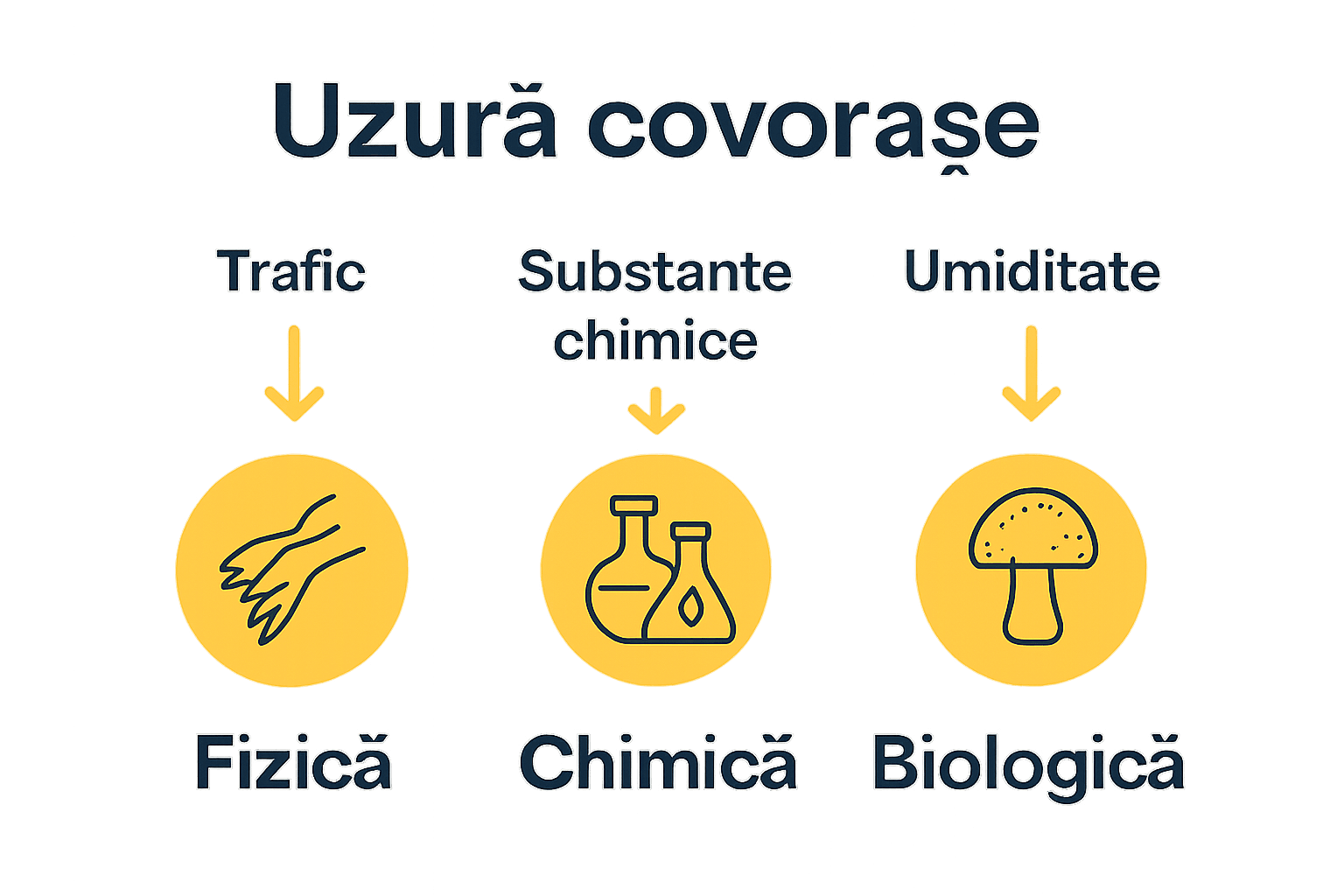 Compararea tipurilor de uzură la covoare: fizică, chimică și biologică.