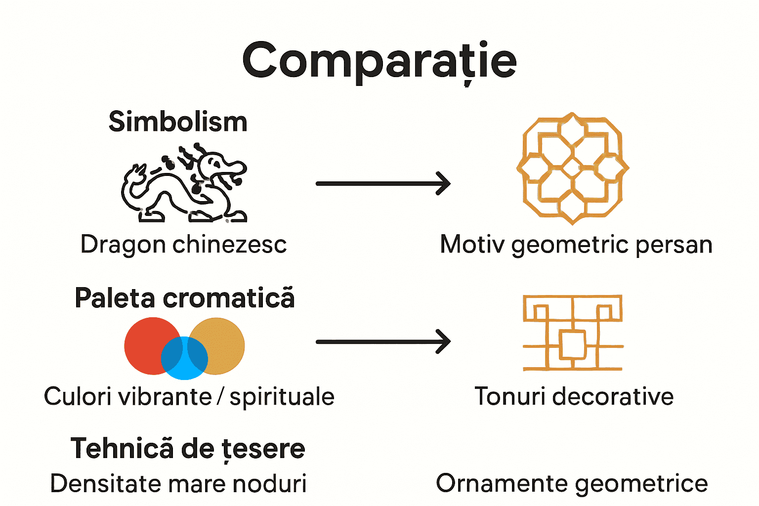 Infografic care compară covoarele chinezești cu cele persane la nivel de simboluri, culori și tehnică de țesere.