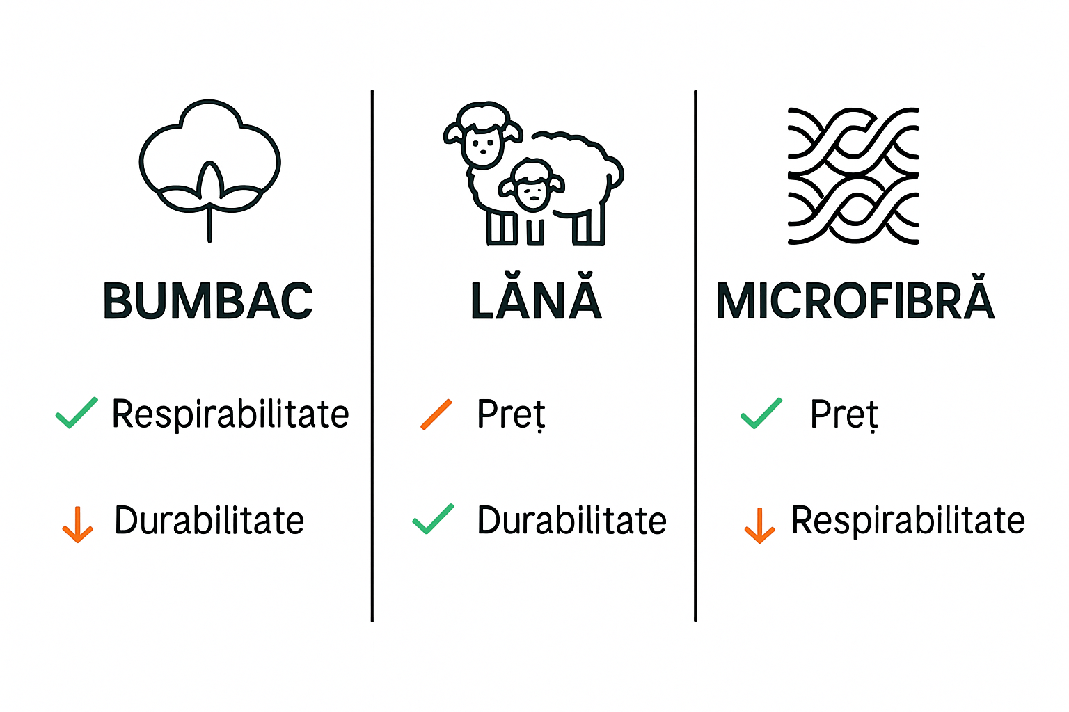 Infografic comparativ covoare bumbac lână microfibră