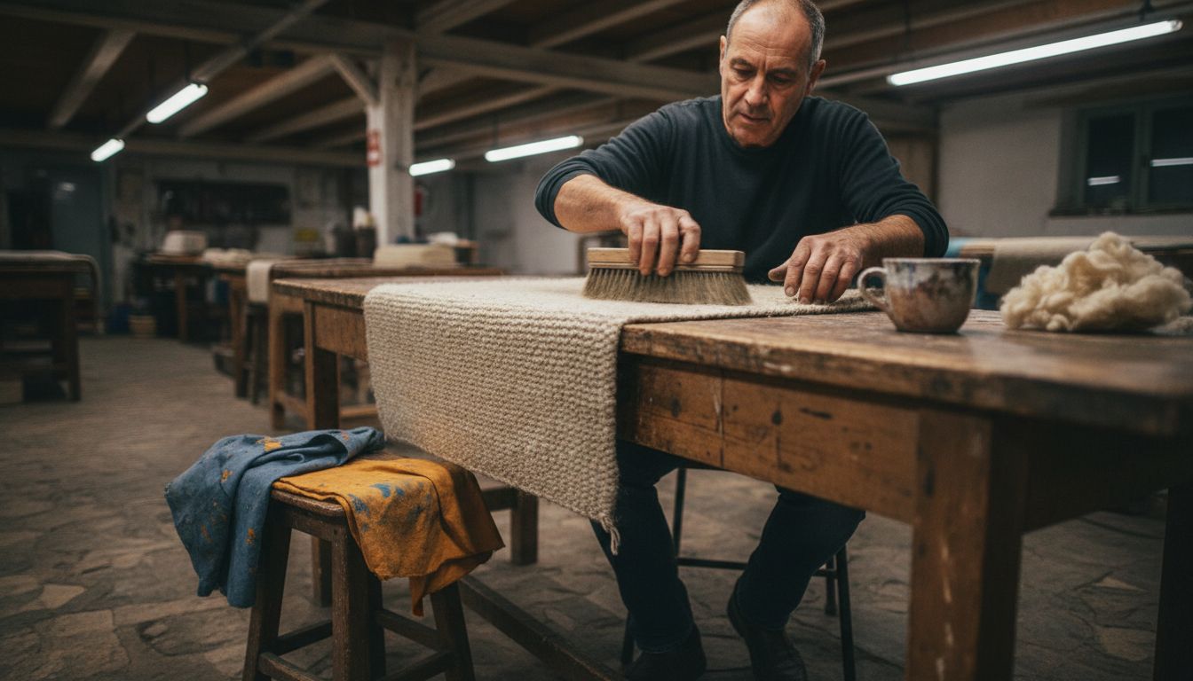 Craftsman preparing wool rug for painting