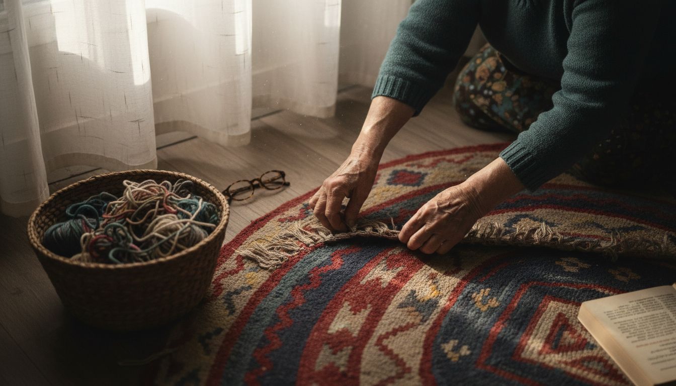 Hands arranging intricate round rug fringes