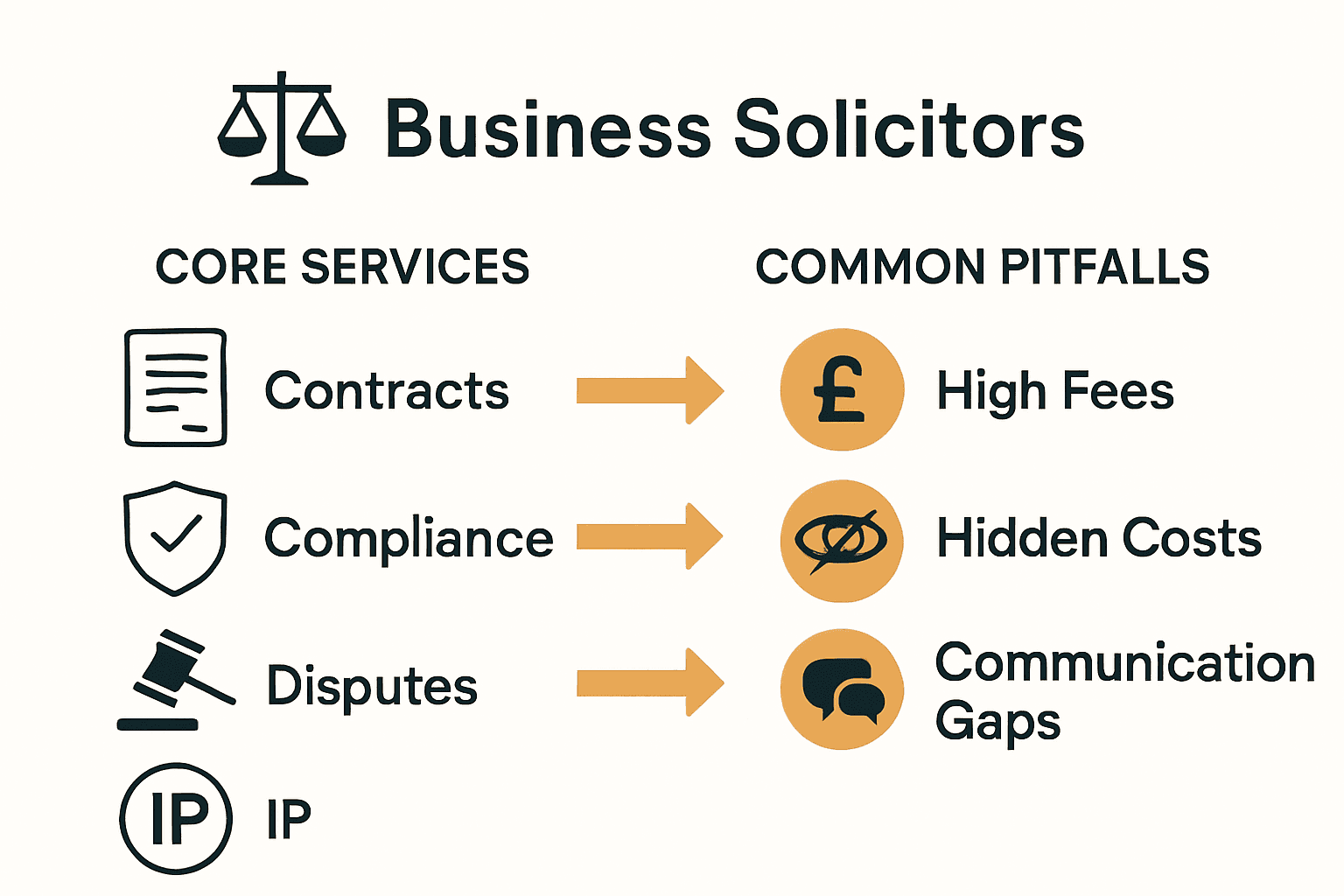 Infographic comparing solicitor services with common business legal pitfalls in the UK.
