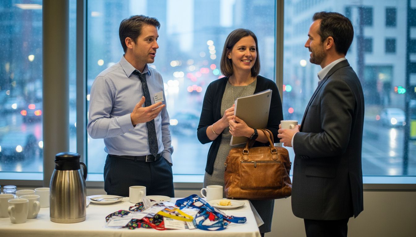 In-person business networking mixer conversation