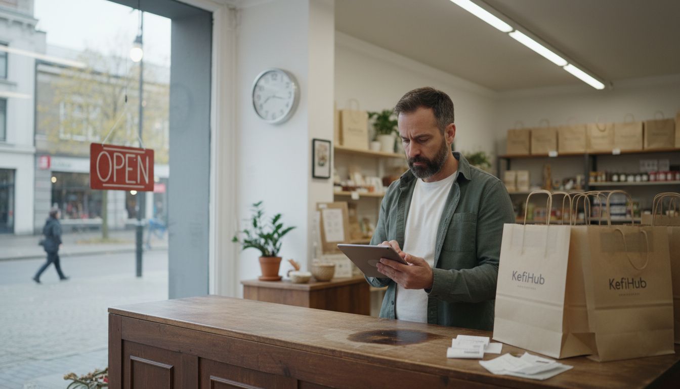 Shop owner reading digital customer feedback