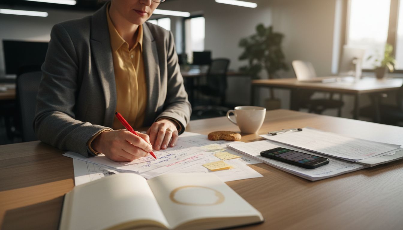 Entrepreneur editing business plan at busy desk