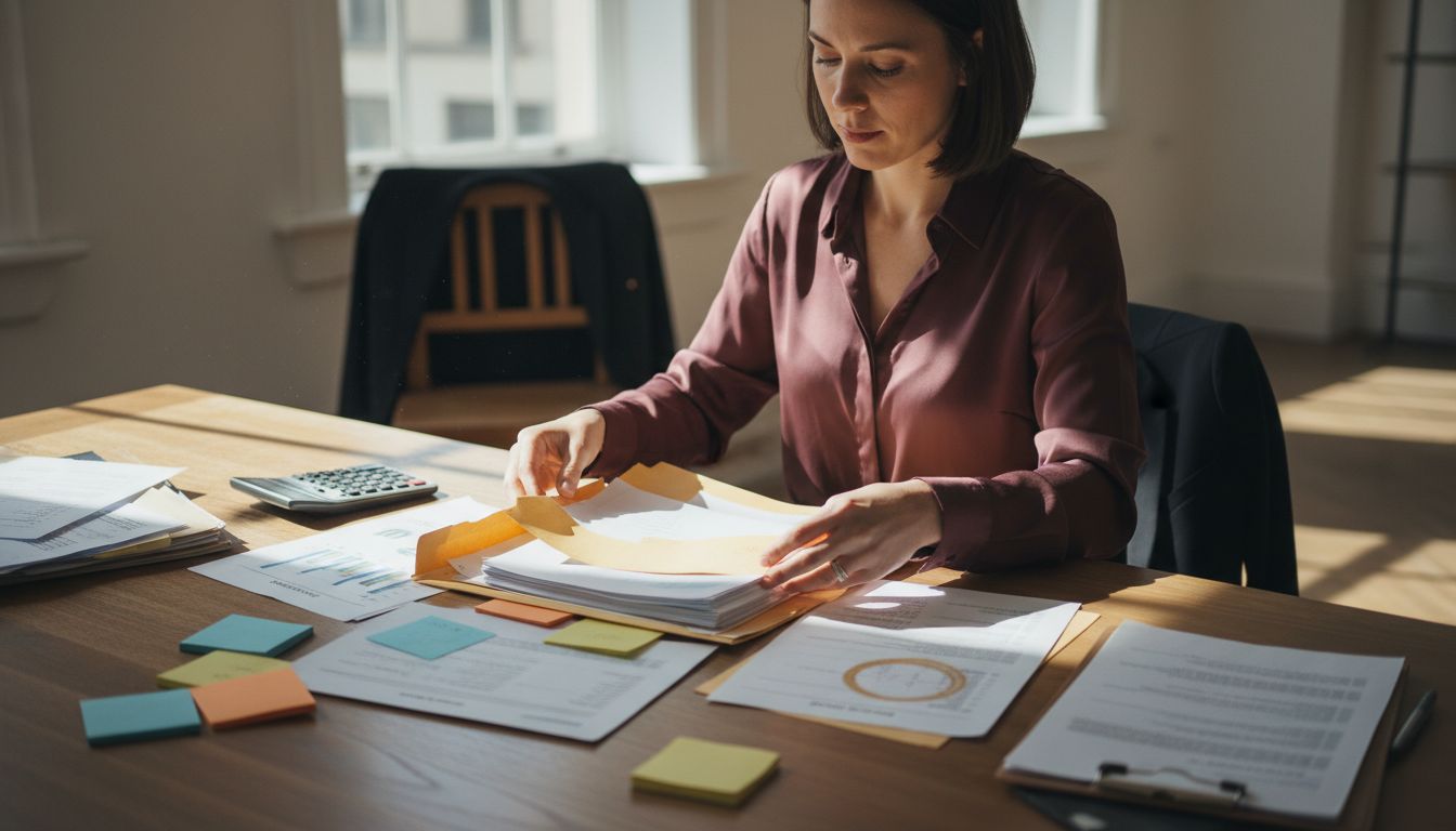 Woman compiles business documents in office