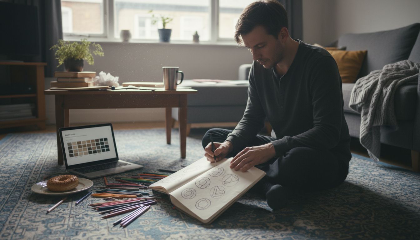 Designer sketching brand logos at home