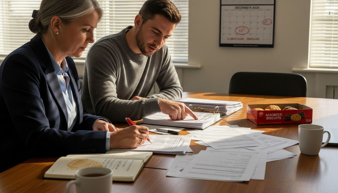 Business owners reviewing UK compliance documents