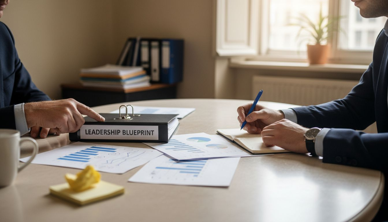 Colleagues discussing succession documentation at meeting table