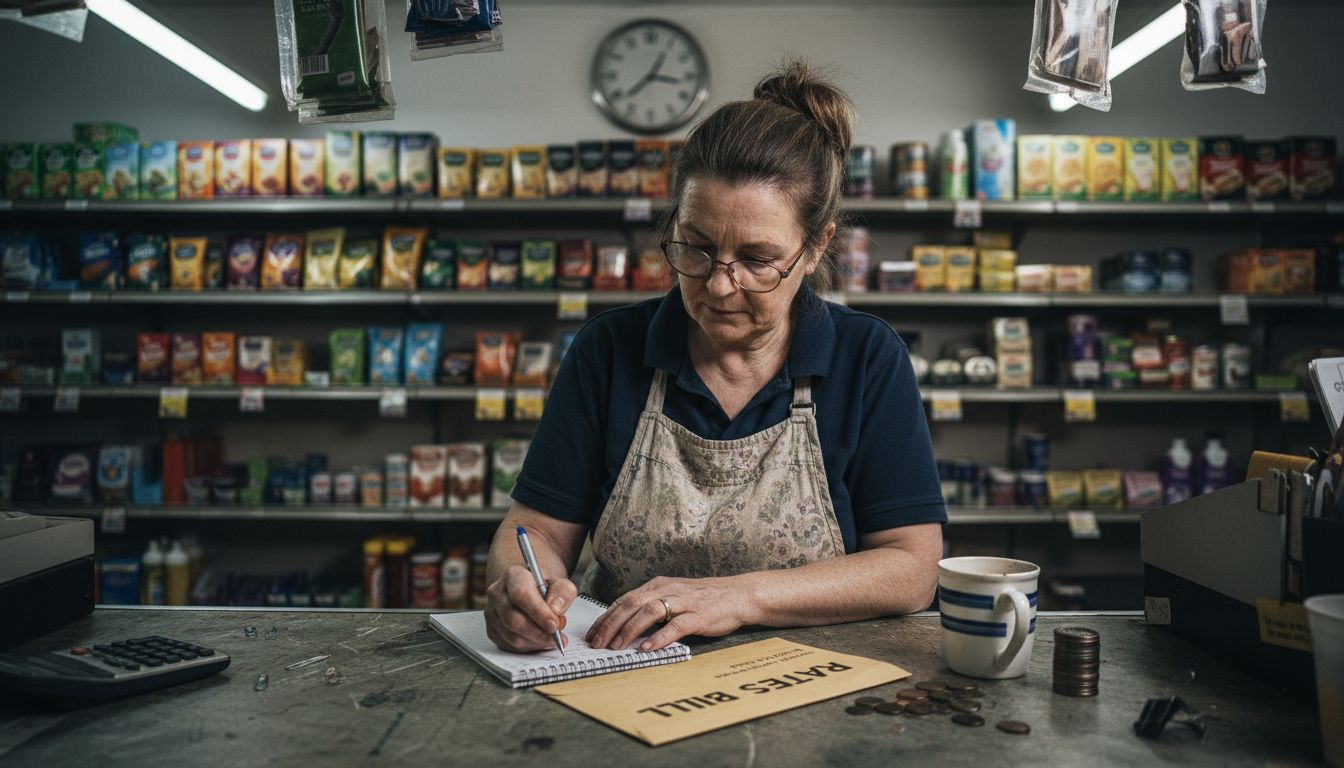Shop owner calculating bills at counter