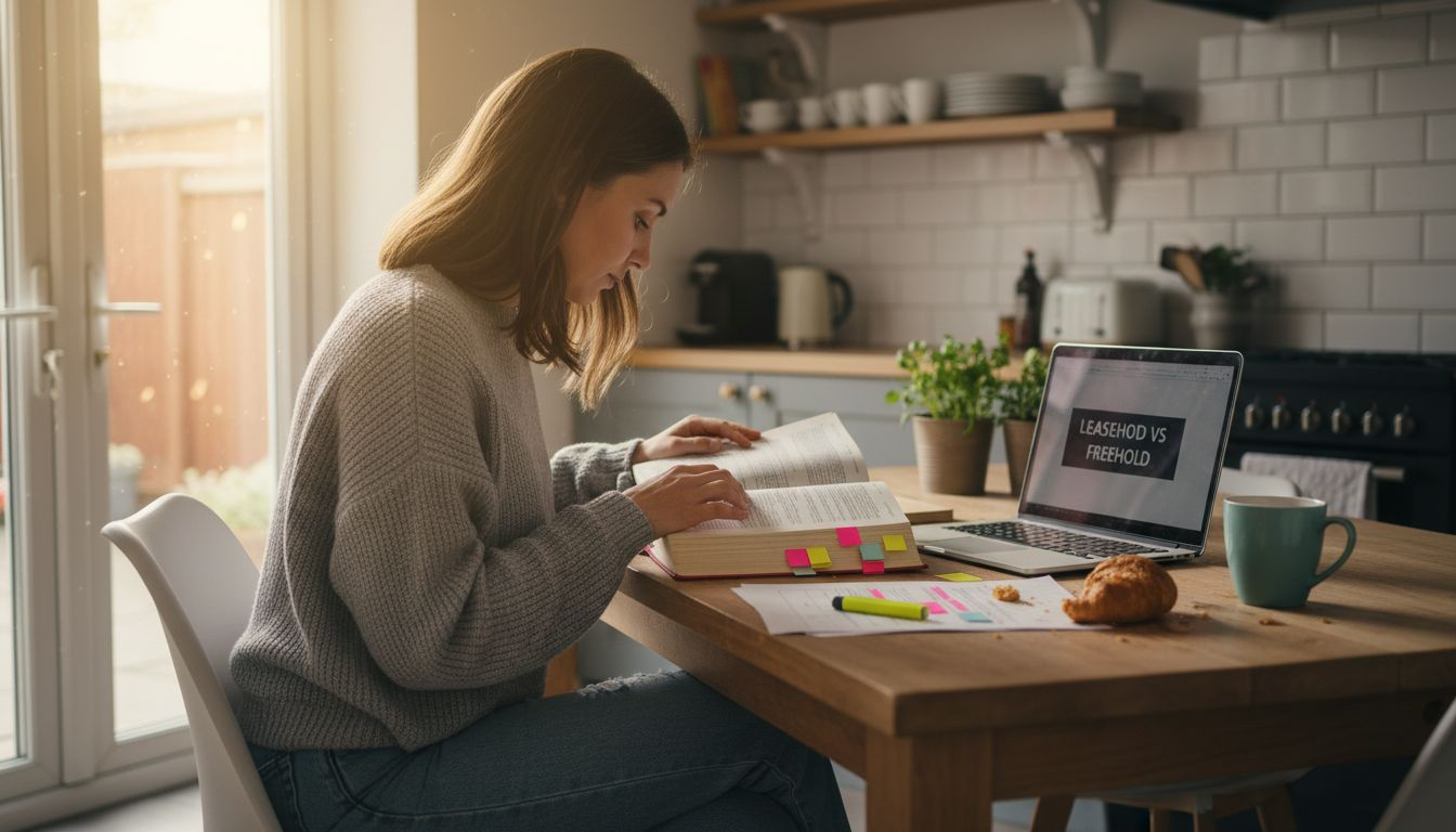 Woman reading legal glossary at kitchen table