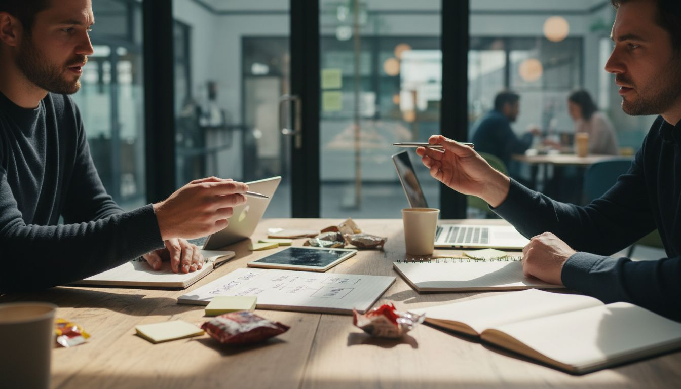 Startup team brainstorming with notes and tablet