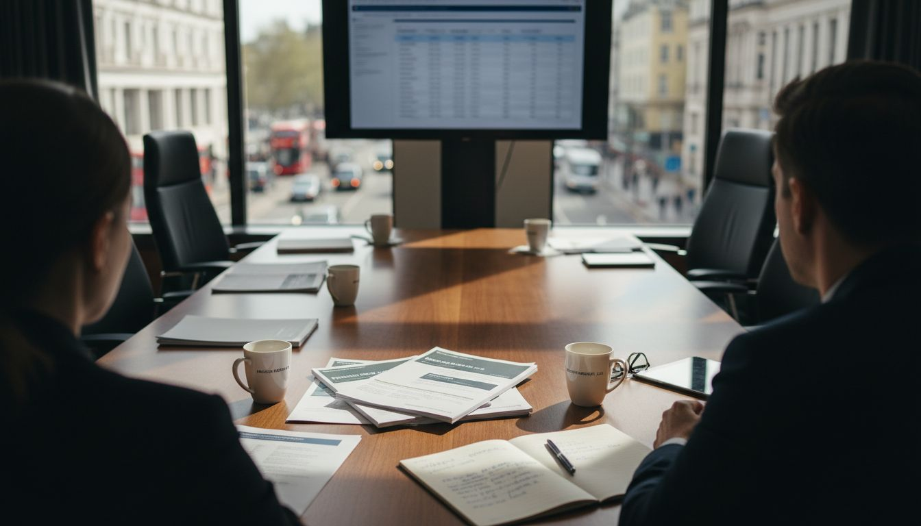 Company directors reviewing paperwork in boardroom